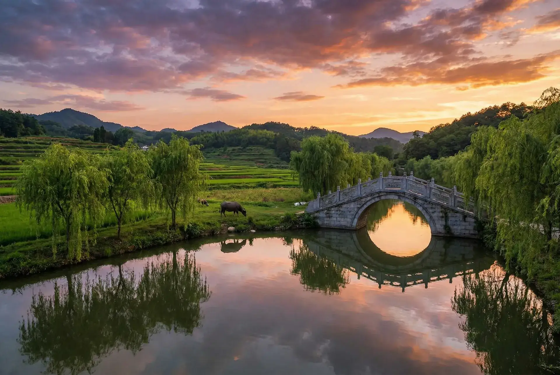 夕阳下的石拱桥与垂柳，水牛在河边吃草 - 午夜福利免集 乡村美景
